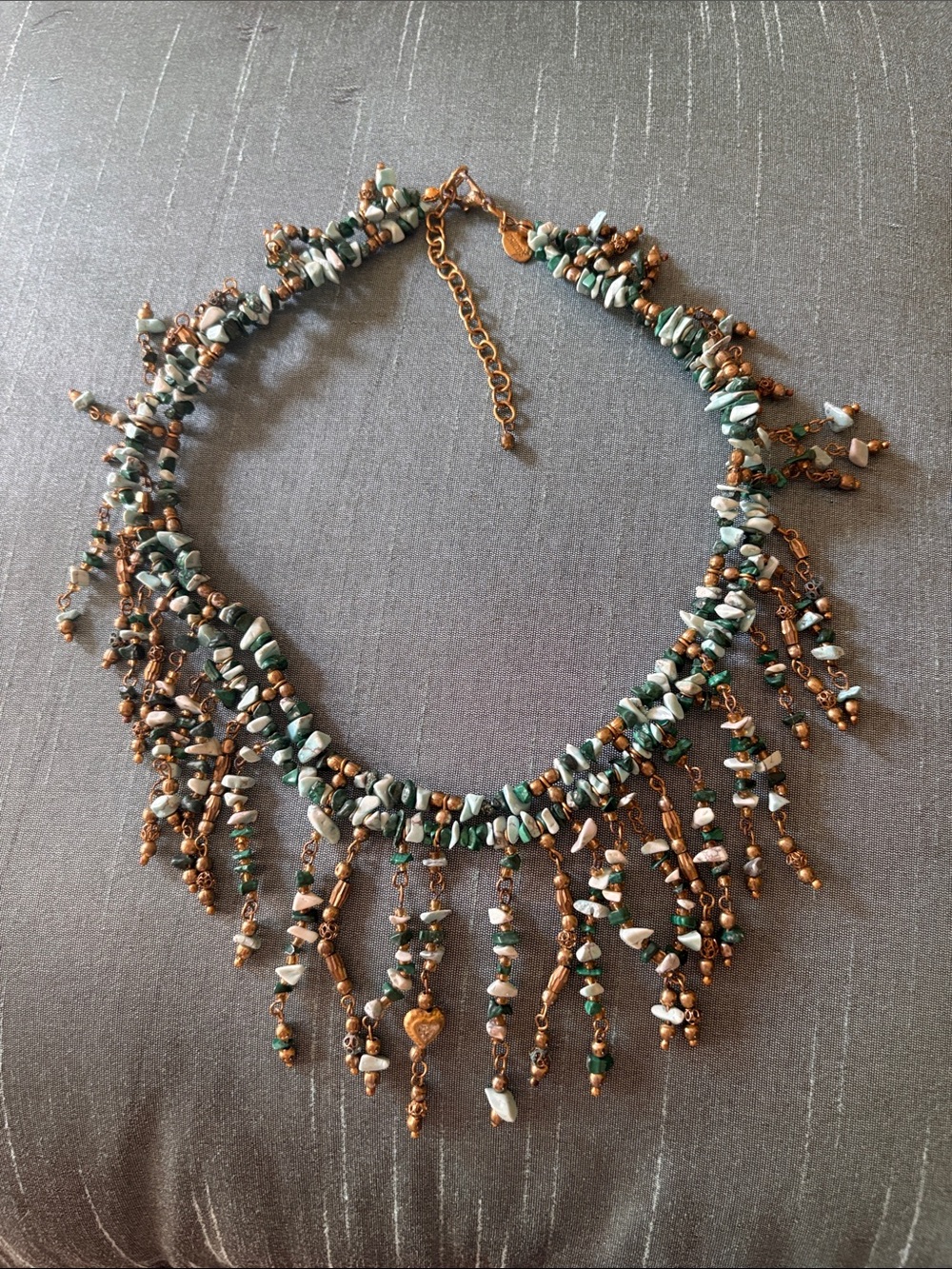 Chico’s  Green Chip Fringe Necklace with Copper Accents